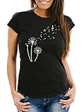 Neverless Damen T-Shirt Pusteblume Musiknoten Noten Musik Dandelion Slim Fit tailliert Baumwolle schwarz M