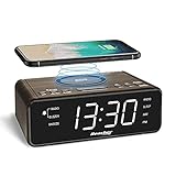 REACHER Digitaler Radiowecker in Holzoptik mit Kabelloser Aufladung - USB-Ladegerät, 2 Wecktöne, UKW-Radio mit Sleep-Timer, Einstellbare Lautstärke, Batterie-Backup, 6 Stufen Dimmbares LED-Display