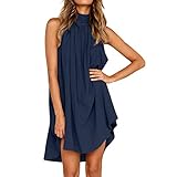 LOPILY Kleid Damen Neckholder Strandkleid Swing Vokuhila Kleid Plissee Tunikakleid Freizeit Kleid Festlich Damen Elegantes Kleid für Hochzeit Gast Lässiges Shirtkleid (Blau, 36)