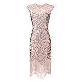 OIKAY Abendkleid Damen 1920s Kleid Slim Fit Festlich Damenkleid Karneval Fasching Kostüm Vintage Cocktailkleider Partykleid Pailletten Irregulär Fransenkleid Knielang Freizeitkleider(E Pinkish,L)