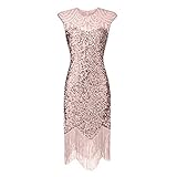 OIKAY Abendkleid Damen 1920s Kleid Slim Fit Festlich Damenkleid Karneval Fasching Kostüm Vintage Cocktailkleider Partykleid Pailletten Irregulär Fransenkleid Knielang Freizeitkleider(E Pinkish,L)