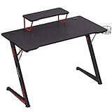 SONGMICS Gaming Tisch, Computertisch, mit Monitorständer, mit Halter für Kopfhörer und Trinkglas, multifunktional, Z-förmiges Stahlgestell, einfache Montage, schwarz-rot LGD001B01
