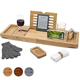 Temple Spring Badewannenablage mit Halter für Kerze, Weinglas, Buch, Tablet, iPad & Telefon Ausziehbare/verstellbare Brücke aus natürlichem Holz als Badewannenablage. Zu 100% aus Bambus (Natürlich)