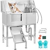 VEVOR 86,4 cm Haustier Grooming Wanne Edelstahl Hundewaschstation Haustier Waschstation und Hundebadewanne Wasserfest Fellpflege Wanne für Hunde mit abnehmbarer Tür & Leiter auf der linken S