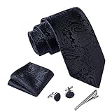 Massi Morino ® Herren Krawatte Set mit umfangreicher Geschenkbox schwarz schwarze paisley paisleymuster schwarzekrawatte paisleykrawatte black Trauer Beerdigung trauerkleidung paisley