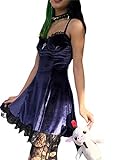 Frauen Mode Rüschen Samt Kleid Mädchen Gothic Lolita Spaghettiträger Krawatte Schleife Spitze glatt Chic Kleid Gr. M ,