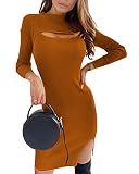 Damen Elegant Pulloverkleid Tunika Kleid V-Ausschnitt Langarm Minikleid Winterkleider Strickkleid Warm Pullikleid Lang Pullover Cocktailkleider Abendkleider Schöne Kleider C Braun 50