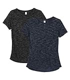 icyzone Damen 2-Pack Kurzarm Shirt Atmungsaktiv Oberteile Fitness Gym Top Casual T-Shirt (XL, Black/Navy)