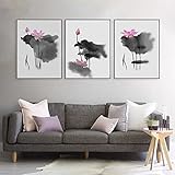 CXArtprint Leinwanddruck Moderne Aquarell Chinesische Kalligraphie Tinte Lotus Leinwand Kunstdruck Poster Asiatische Bilder Wanddekor3 Stück 60x80cm ohne R