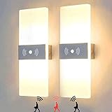 LED 12W Innen Wandlampe mit Bewegungsmelder Wandleuchte Batteriebetriebene Acryl Wandbeleuchtung Magnetische Lampe USB Wiederaufladbare Modern Wohnzimmer Schlafzimmer Flur, Warmweiß 3000K, 2 Stück