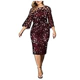 Ansenesna Abendkleid Damen Große Größen Pailletten Glitzer Elegant Kleid Für Mollige Frauen Mit Ärmel Knielang Festlich Hochzeit Kleider (Weinrot,XXL)