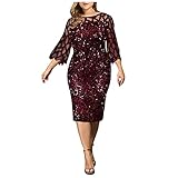 Ansenesna Abendkleid Damen Große Größen Pailletten Glitzer Elegant Kleid Für Mollige Frauen Mit Ärmel Knielang Festlich Hochzeit Kleider (Weinrot,M)