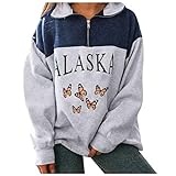 XOXSION Alaska Grafik Langarm Sweatshirts für Damen, Hip Hop, Oberteil mit 1/4Reißverschluss,Vintage Langarmshirt College Sweatshirts(B-Blau,X-Large)