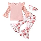 OverDose Kinder Spitze Polka Dot Trompetenärmel Pit Striped Top + Blumen Blumen Sonnenblumen Print Schlaghose Hosen Stirnband Set(6Monate-4Jahre)