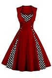 Axoe Damen 50er Jahre Cocktailkleid Rockabilly Elegantes Faltenrock Festliches Partykleider Vintage Kleid Audrey Hepburn Abendkleider mit Polka Dots Knielang, Weinrot, L (40/42 EU)