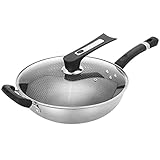 Bratpfanne aus Metall, 304 Edelstahl Bratpfanne freie Kochpfanne Wok Omelette mit Deckel Pfanne Bleiben Kühle Griff Kochgeschirr (Größe: 32 cm) (Size : 34cm)