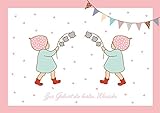 fioniony Zur Geburt die besten Wünsche Glückwunschkarte zur Geburt für Mädchen Zwillinge (Babykarte/Zwillings Baby Karte/Klappgrußkarte) mit 2 Wichtelmännchen und Girlande in Rosa (Mit Umschlag) (1)