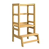 Tritthocker aus Bambus Kinderhocker Lernturm Fußbank mit Sicherheitsgeländer Trittschemel mit Verstellbarer Plattform in Küche und Bad 43,5x47x88 cm (Natur)