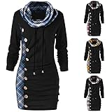 Generic Damen Pullover Hoodie Rollkragen Karierte Langarmshirt Kapuzenpullover Herbst Winter Frauen Beiläufige Unregelmäßige Lange Karo Pulli Tunika Ob