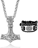 JeweBella Thors Hammer Halskette Wikinger Armband Herren Edelstahl Thors Hammer Anhänger Mjölnir Kette lederarmband Vegvisir Wikinger Kompass Lederarmband Herren Breit Schwarz Wikinger Schmuck