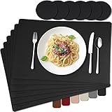 MAHEWA® 6er Set Premium Tischset Platzset aus Leder-Imitat rutschfest Ab-waschbar und Waschmaschinenfest Eckige Platzdeckchen Teller-Untersetzer Filzset Tisch-Matten Platz-Matten Schw