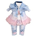 De feuilles Baby Mädchen Bekleidungsset 3 Stück Spitzen Blusen Denim Jacke Lang Hosen Kleinkinder Kleidung S