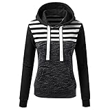 STOREYH Gestreiftes Spleiß Tops mit Drawstring Kapuze Damen Elegant Striped Langarm V-Ausschnitt Tasche Warme Hoodie Oberteile Herbst Winter Freizeit Schlank Hooded Tee Fleece T-Shirt B