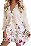 DFLYHLH Damen V-Ausschnitt Kleider Casual Lose Bedruckte Baumwolle und Leinen Lange Ärmel Floral V Ausschnitt Boho Mini Sonnenkleid für Herbst, beige, XXX-Larg