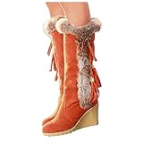 Geilisungren Kniehohe Stiefel Damen Weitschaft Stiefeletten mit Blockabsatz Langschaft Boots High Heels Klassische Elegant Winterstiefel mit Quasten Plüsch Winterschuhe Outdoor Over Knee S