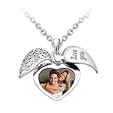 SOUFEEL Personalisierte Damen Kette mit Foto Anhänger Halskette mit Gravur Herz Medaillon I Love You Glücksbringer Amulett zum öffnen Kupfer versilbert Geschenk für Mutter Freundin Tochter M