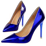 COCOLULU Damen Lack High Heels Pumps Spitz Stiletto Hochzeitsschuhe(EU Size 39, Königsblau)