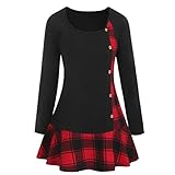 Lazzboy Frauen Plus Größen Plaid Volant Oberseiten Tunika Kariertes Panel Schatz Ansatz T-Shirt Damen Langarm Asymmetrisch Karo Top(Rot-a,XL)