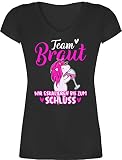 JGA Junggesellenabschied Frauen - Team Braut wir eskalieren bis zum Schluss weiß/Fuchsia Einhorn - XXL - Schwarz - Verlobung - XO1525 - Damen T-Shirt mit V