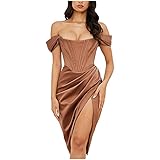 SoLu DAY8 Sexy Schulterfreies Damenkleid, schulterfrei, figurbetont, trägerlos, hoher Schlitz, unregelmäßig, Midi-Kleid, Abschlussball, Club, Party