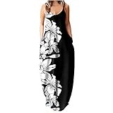 quyiHDGFXD Kleid mit Tasche für Frauen ärmellos Sling Damen Kleider Hawaii Blatt Gedruckt Knöchellang Rock Camisole Lange Kleider Frauen Kleid Party Elegant, Schwarz A, M