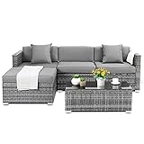 Rattan Gartenmöbel Sets 5 Teilig,Balkonset,Polyrattan Garten Sofa,Sitzgruppe Lounge,Lounge Couch,mit Glastisch und Hocker Outdoor,Bequemes Kissen wasserdicht,für Garten, Balkon&T