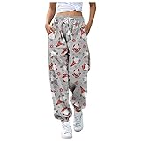 Briskorry Weihnachtshose Damen Jogginghose Sporthosen Lange Yoga Hosen Loose Casual Jogginghose High Waist Loose Fit Elastischer Bund Freizeithosen Hohe Trainingsanzug Hosen Sweathose mit T