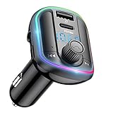 FM Transmitter Auto Bluetooth V5.0, Auto Radio Adapter mit PD 18W & USB5V/3.1A Auto Ladegerät, Freisprecheinrichtung Car Kit, 10 Farben Umgebungslicht, Unterstützt TF Karte & USB-Stick&3.5