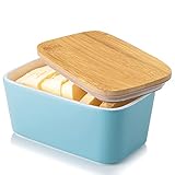 Candiicap Butterdose Porzellan, Butterschale mit Holzdeckel, Keramik Butterdose mit Silikon-Dichtlippe für Alle Arten von Butter (Mattes Blau)