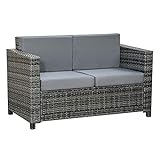 Outsunny Poly-Rattan Sofa mit Kissen 2-Sitzer Garten Loungesofa Metall Polyester Grau 130 x 70 x 80