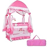 COSTWAY 4 in 1 Reisebett & Wickeltisch & Kinderbett & Laufstall klappbar, 2 Ebenen Babybett mit Spielbogen, Musikbox, Wickelauflage, Matratze, Baldachin und Transporttasche (Rosa)