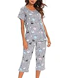 ENJOYNIGHT Damen Kurz Pyjama Set Baumwolle Loungewear Niedlich Gedruckt Nachtwäsche Tops mit Caprihose Pjs Set, Schwarz / Eulen, 42