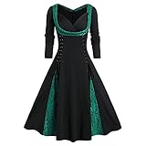 Damen Kleider Party Lang Retro A-Linie Gothic V-Ausschnitt Lange Ärmel Faltenrock Plus Size Frauen Dress Elegant Sp