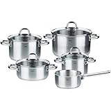 Fissler korfu / Edelstahl-Topfset, 5-teilig, Kochtopf-Set, Töpfe mit Glas-Deckel, Induktion, alle Herdarten (3 Kochtöpfe, 1 Bratentopf, 1 Stielkasserolle-deckellos)