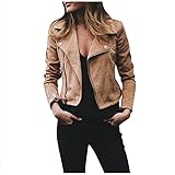Outdoorjacke Damen,Damen Coole Kunstlederjacke Langarm Reißverschluss Ausgestattet Motorrad Mantel Herbst Kurze Jacke Slim Fit Elegant Vintage Freizeitmäntel Locker Streetwear Frauen Teenager M