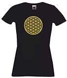 Black Dragon - T -Shirt Damen - Party - Funshirt - Fasching schwarz mit Gold Audruck - Blume des Lebens - Ornament - S
