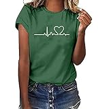 Herzschlag gedruckt T-Shirt Frauen Tops Sommer Kurzarm Basic Pullover Casual Herzmotiv Tunika O-Ausschnitt lose Bluse(L,Z3 Grün)