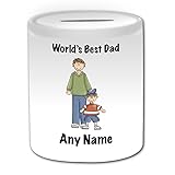 Personalisiertes Geschenk – World 's Best Dad Papa und Sohn braun Haar Spardose (Family Member Design Thema, weiß) – alle Nachricht/Name auf Ihre einzigartige – Zeichen Funny kawaii Neuheit Anime Animation Art Clipart Zeichnen Favourite Cool Godfather blau Cap Mütze Grün Top Blue Jeans Hose Shorts Rot T-S