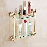 Guomipai Duschorganisator-Badezimmer-Glasregal, antiker Champagner-Gold-Ankleide-Tisch-Badezimmerregal Doppelwand-Glasrahmen, 16.1x5.5x16,5 Z