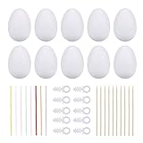 Funyole Ostereier zum Aufhängen, 50PCS Ostereier Plastik Weiß + 50 Aufhänger + 50 Bunte Seidenbänder + 10 Dekorative Holzstäbchen, Ostern Basteln Bemalen für Dekoration und Geschenk
